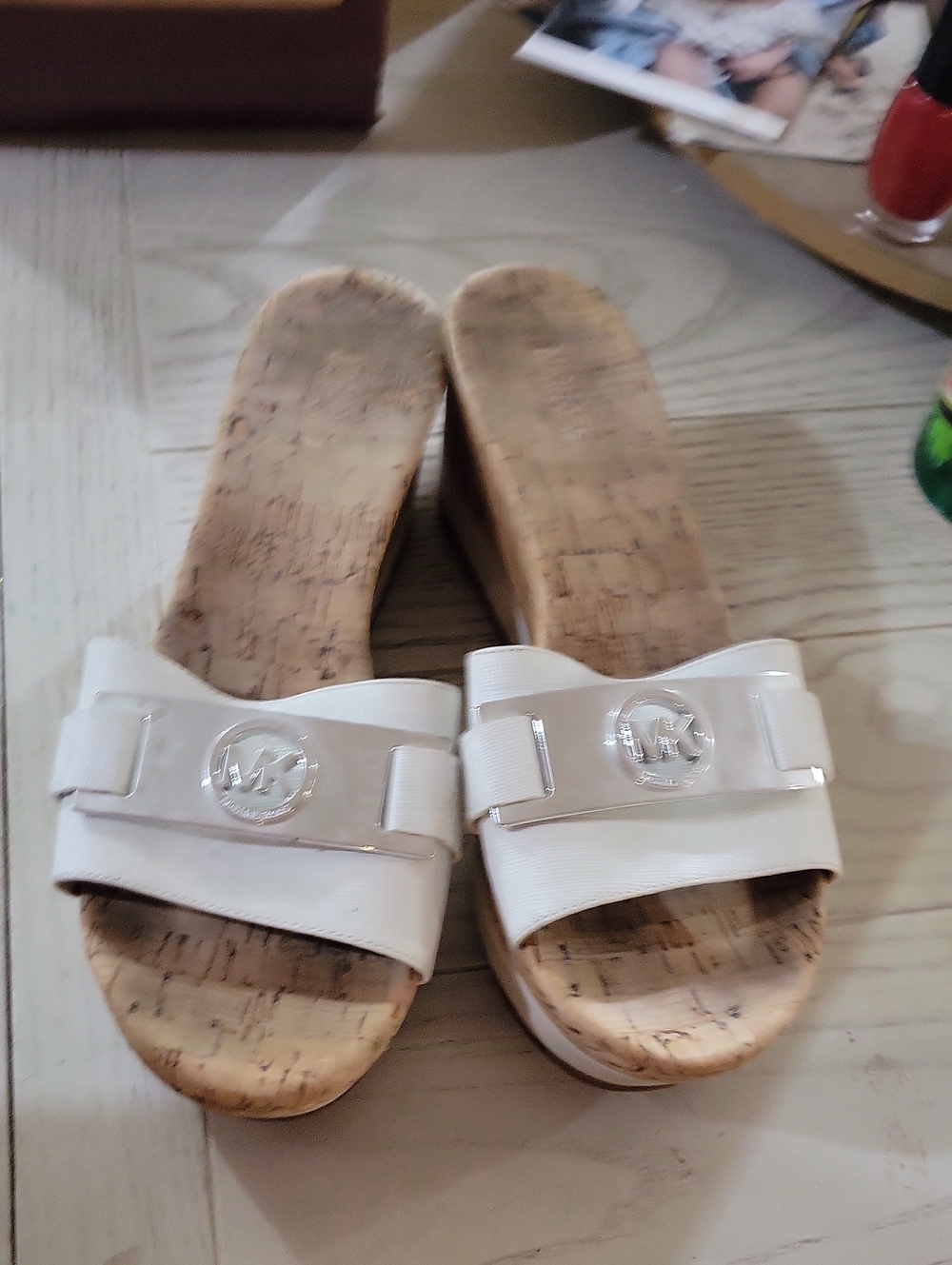 Michael Kors White Cork Slide Sandals with MK Medallion